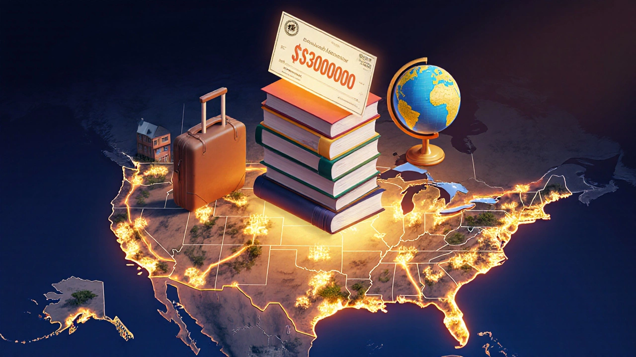 A glowing scholarship check made of books, globe, and suitcase above a map