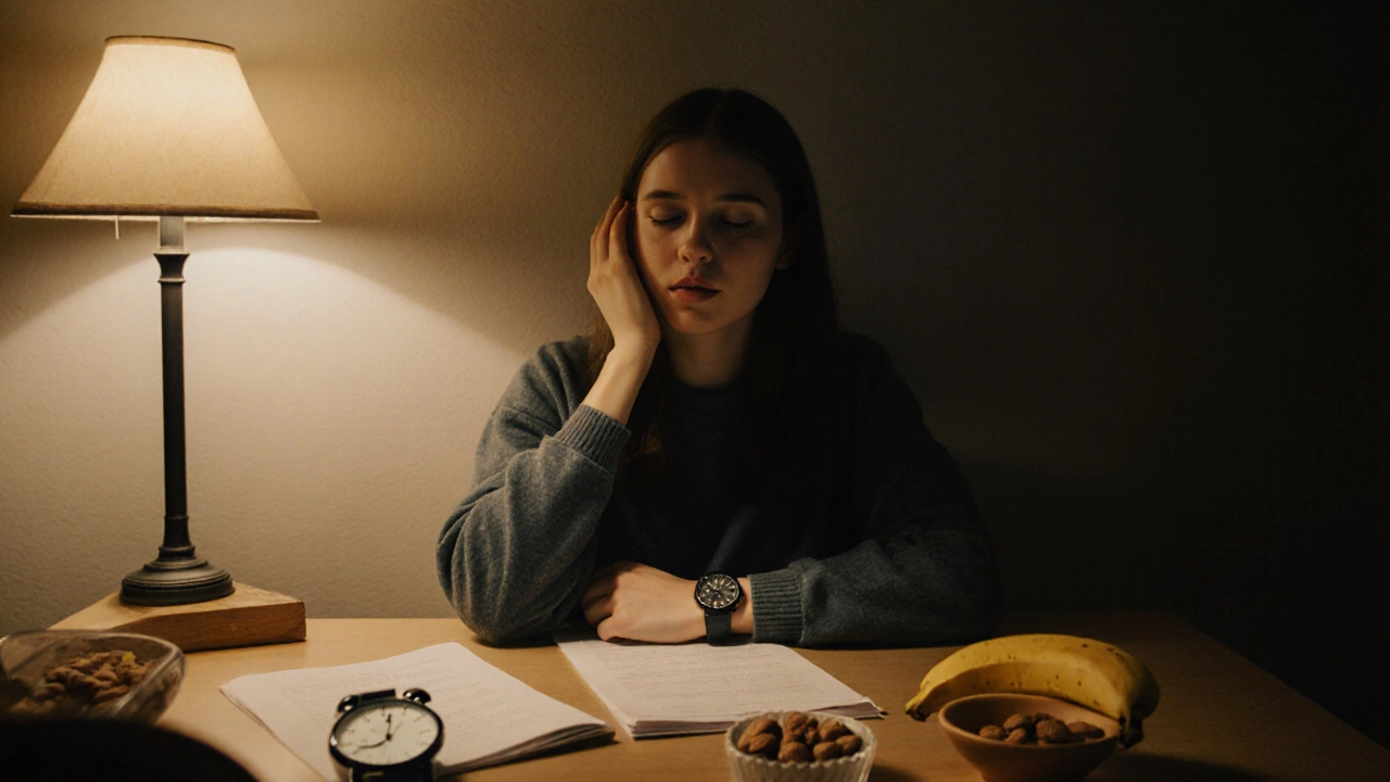 A student breathing calmly before an exam, with a banana and almonds on the desk, eyes closed in quiet focus.
