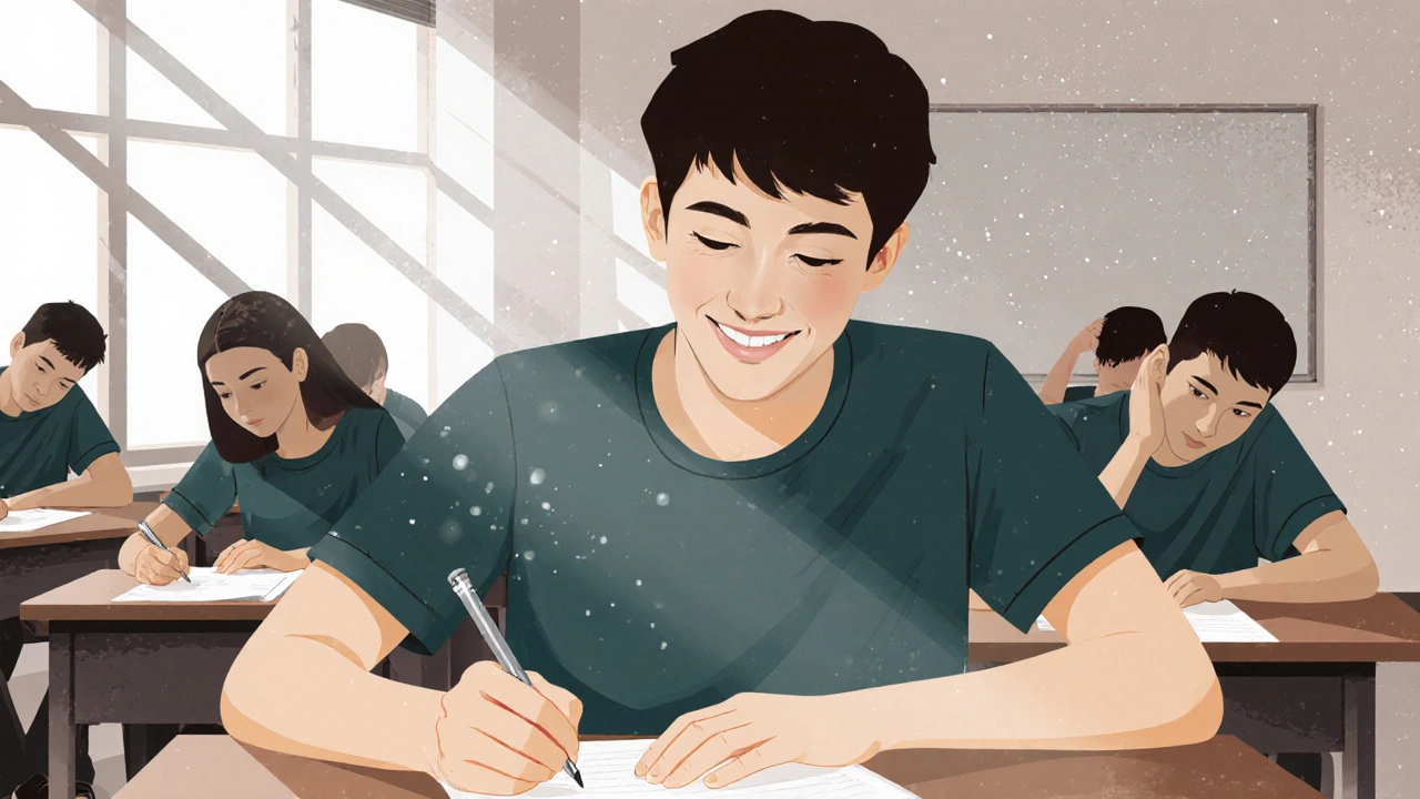 A student smiling while writing an exam, sunlight streaming in, radiating calm confidence amid a silent classroom.