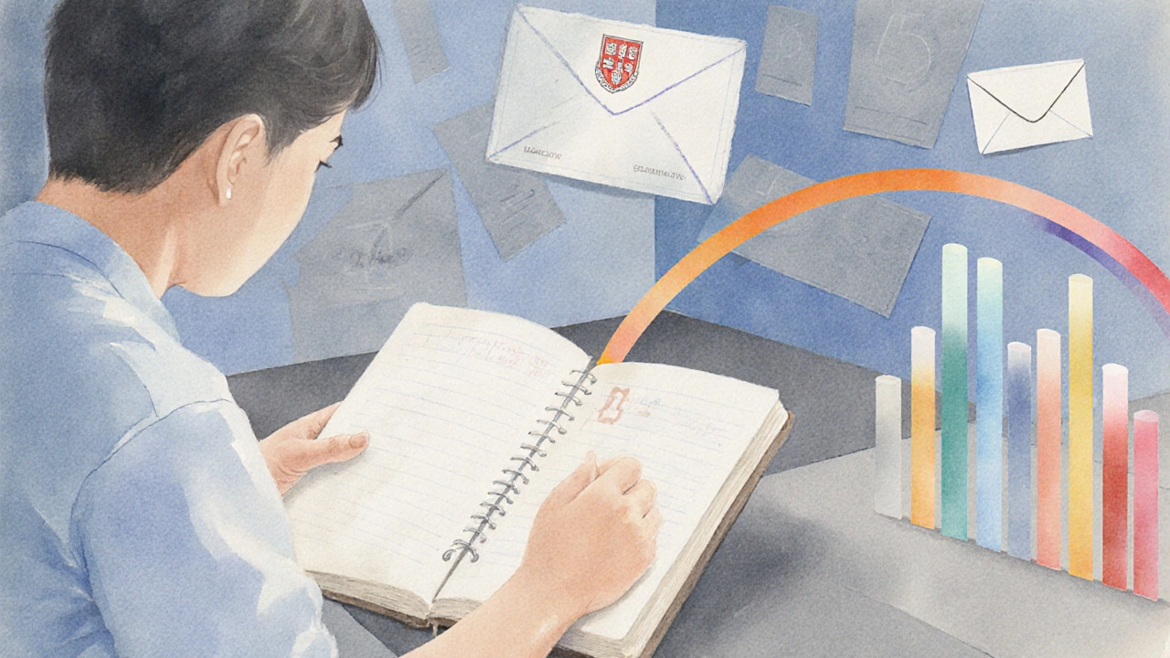 British student linking UK grades to US GPA, holding a Harvard acceptance envelope.