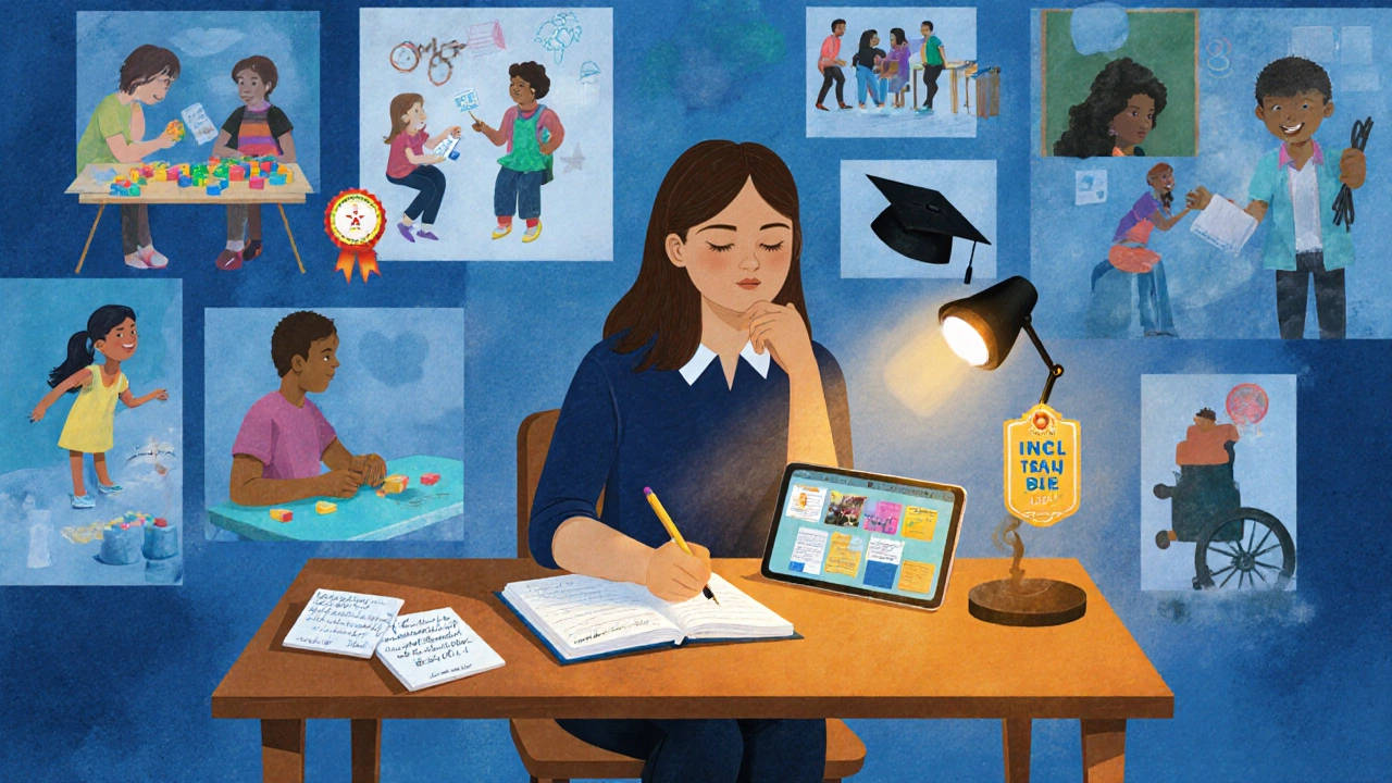 Collage of a teacher reviewing observation notes, with faint images of kids, families, and inclusion symbols.