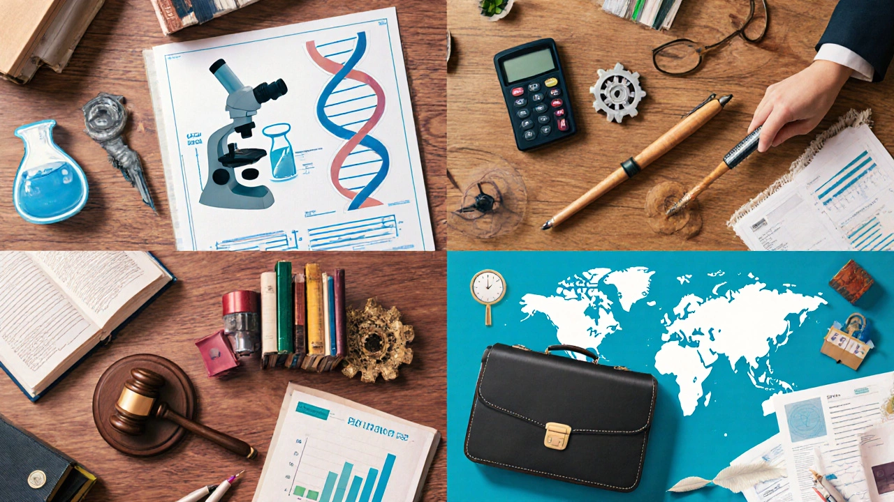 Collage of symbols for medicine, engineering, law, and business surrounded by A‑level books.