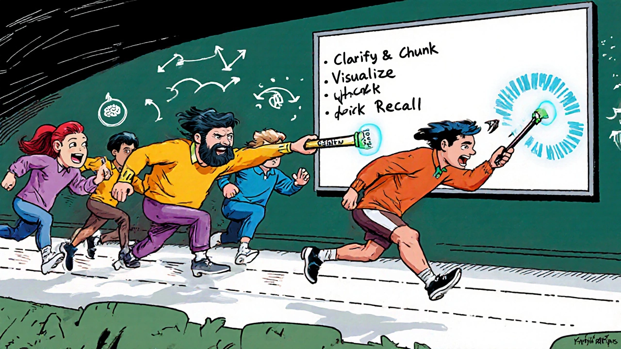 Comic‑style relay race showing five runners passing a baton labeled memory steps.