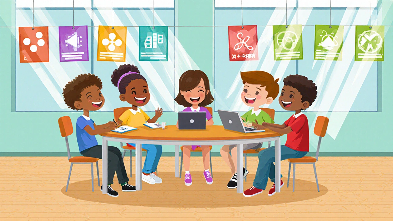 Diverse group of kids in a bright study club collaborating over laptops and notebooks.