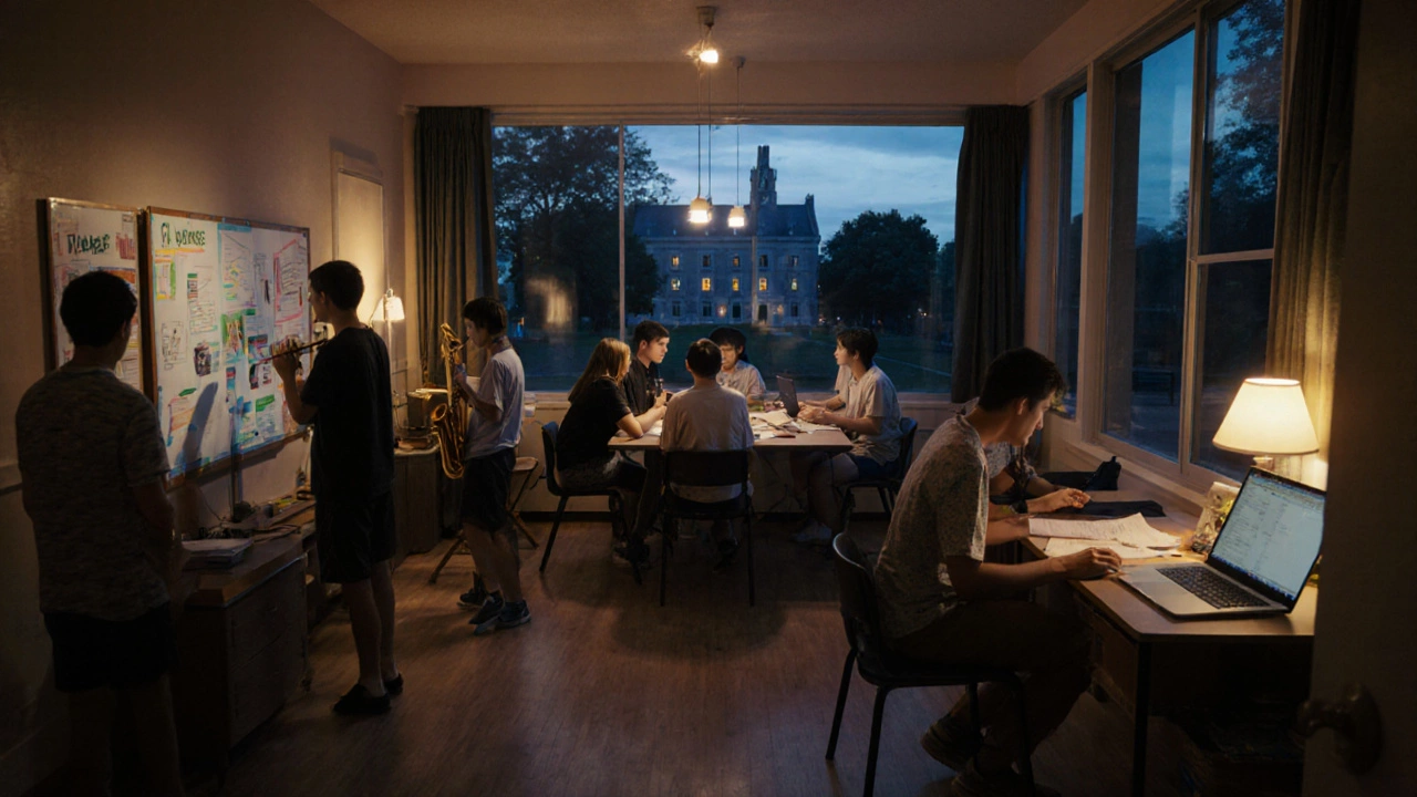 Evening dorm common area where students collaborate on projects, music, and studying.