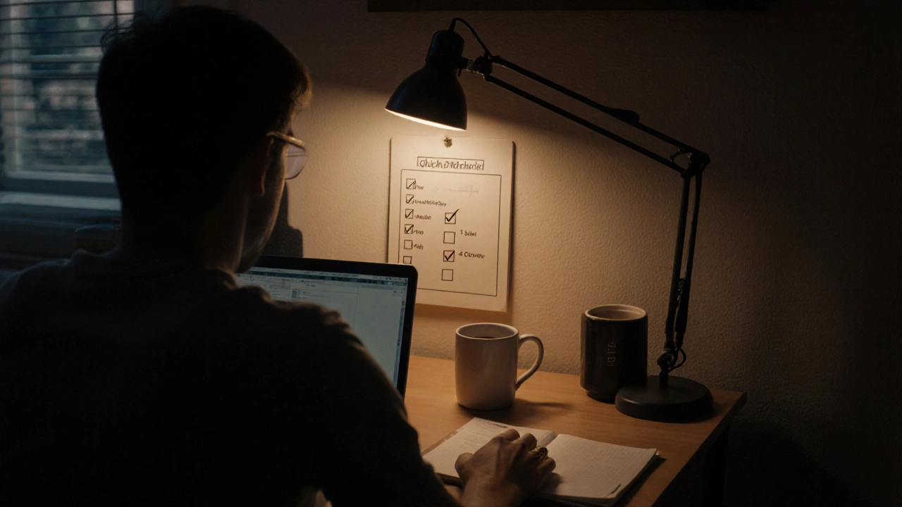 Freelancer checking off items on a checklist at a desk under warm lamp light, showing progress.