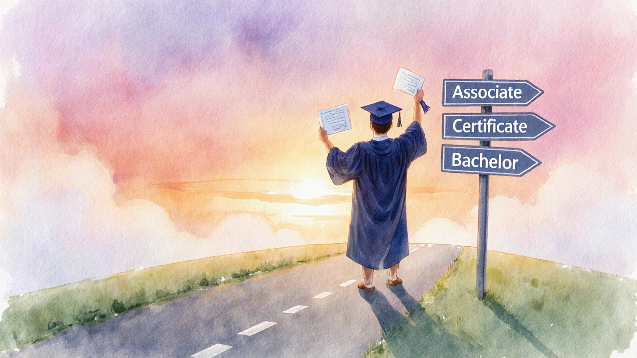 Graduate holding a certificate on a sunrise hill with road signs toward different degrees.
