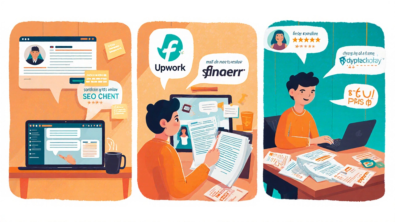 Illustrated three‑step guide of a freelancer building a portfolio, signing up, and pitching.