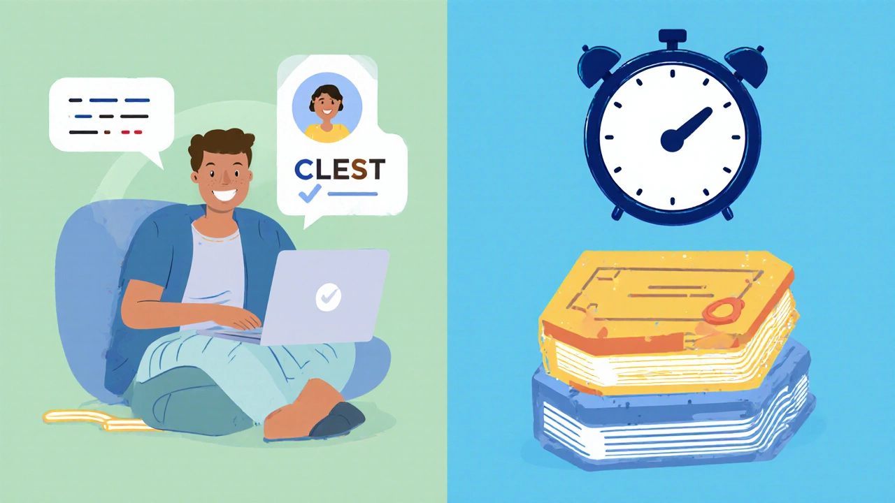 Illustration of a student in a video call and exam certificates representing online flexibility.