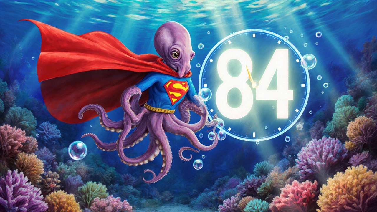 Octopus in a superhero cape beside a 30‑second timer illustrating a vivid memory cue.