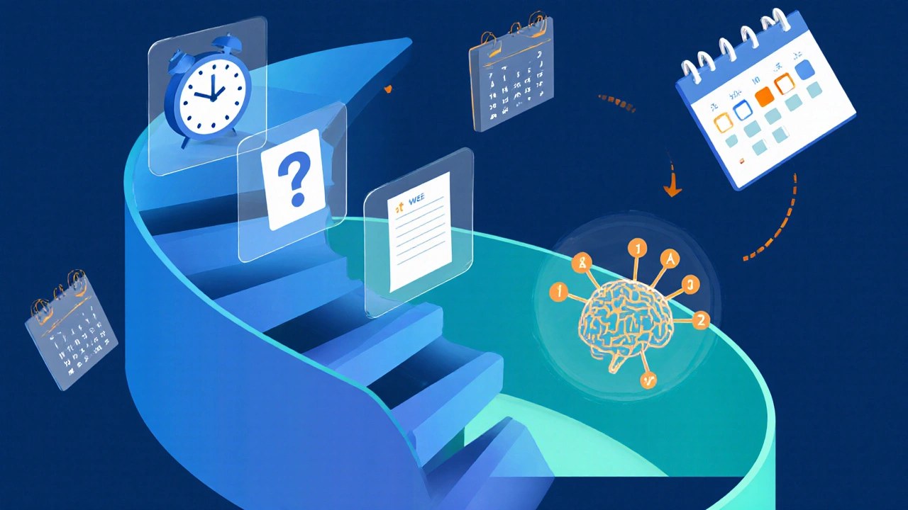 Spiral staircase of review steps with icons for spaced intervals, flashcards, and a glowing brain.