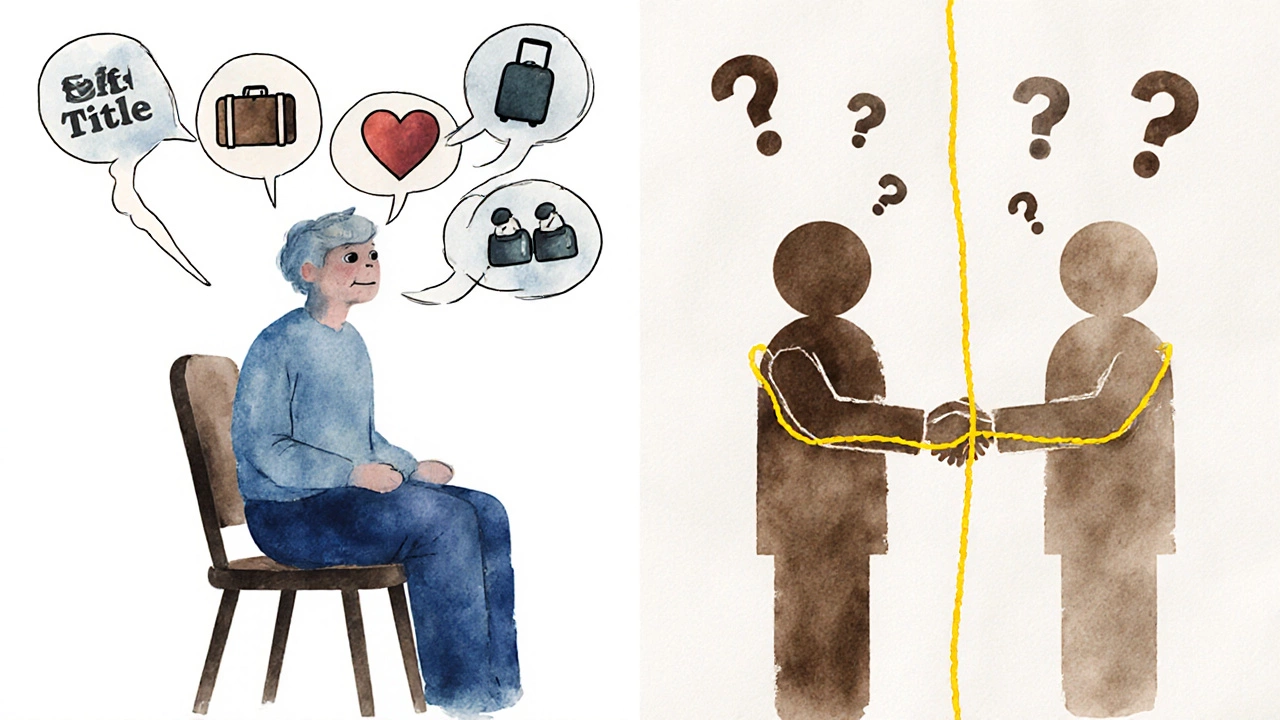 Split image showing self-focused talking versus genuine listening with symbolic elements.