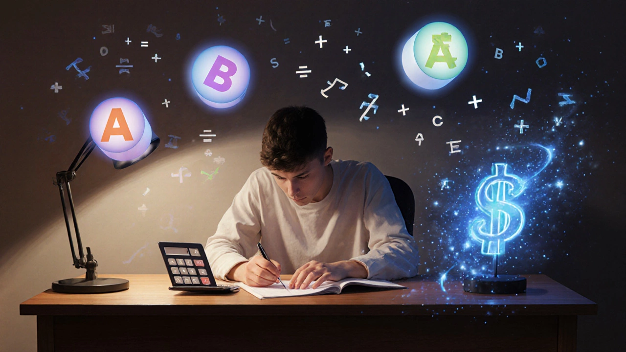 Student at a desk calculating GPA with floating credit hour icons and a glowing calculator.