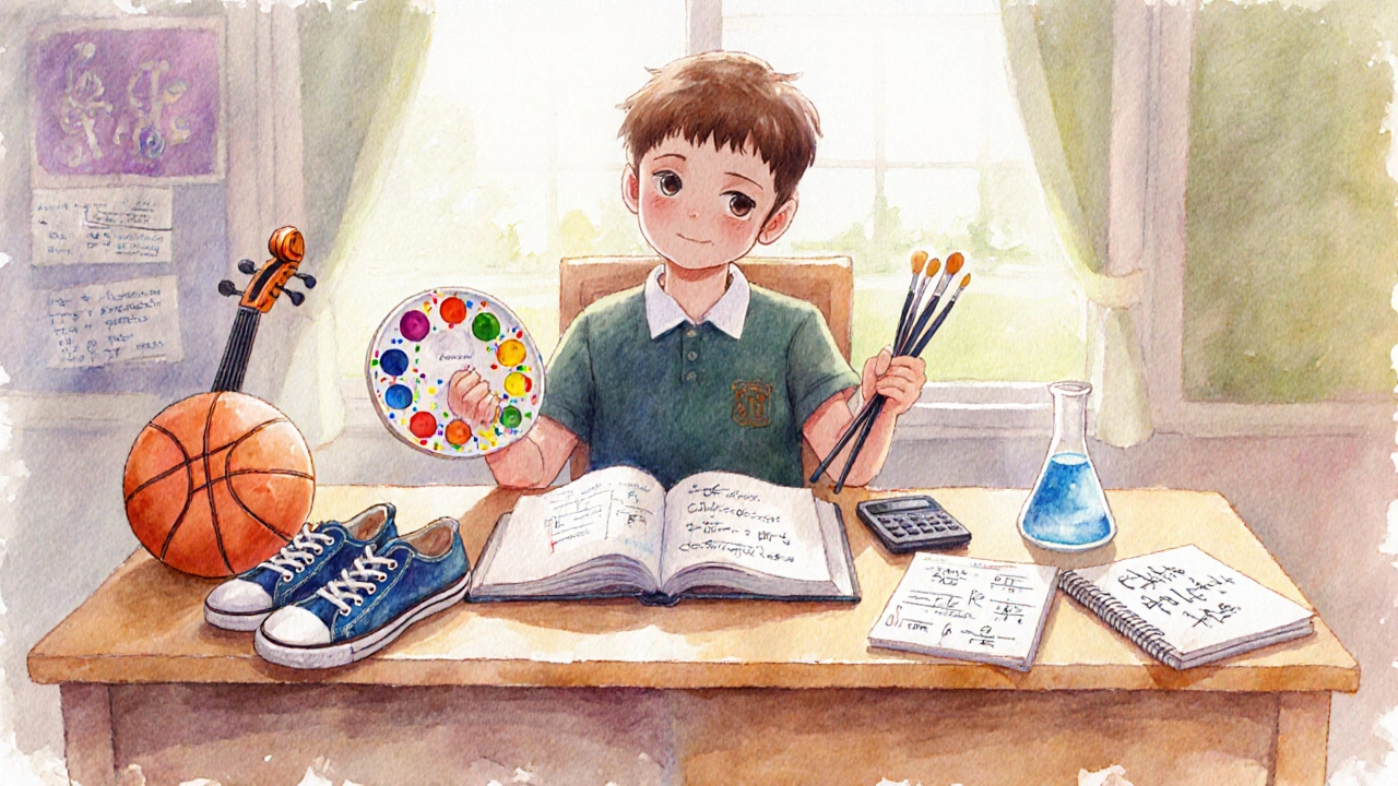 Student at a desk with sports gear, music instruments, art supplies on one side and textbooks on the other.
