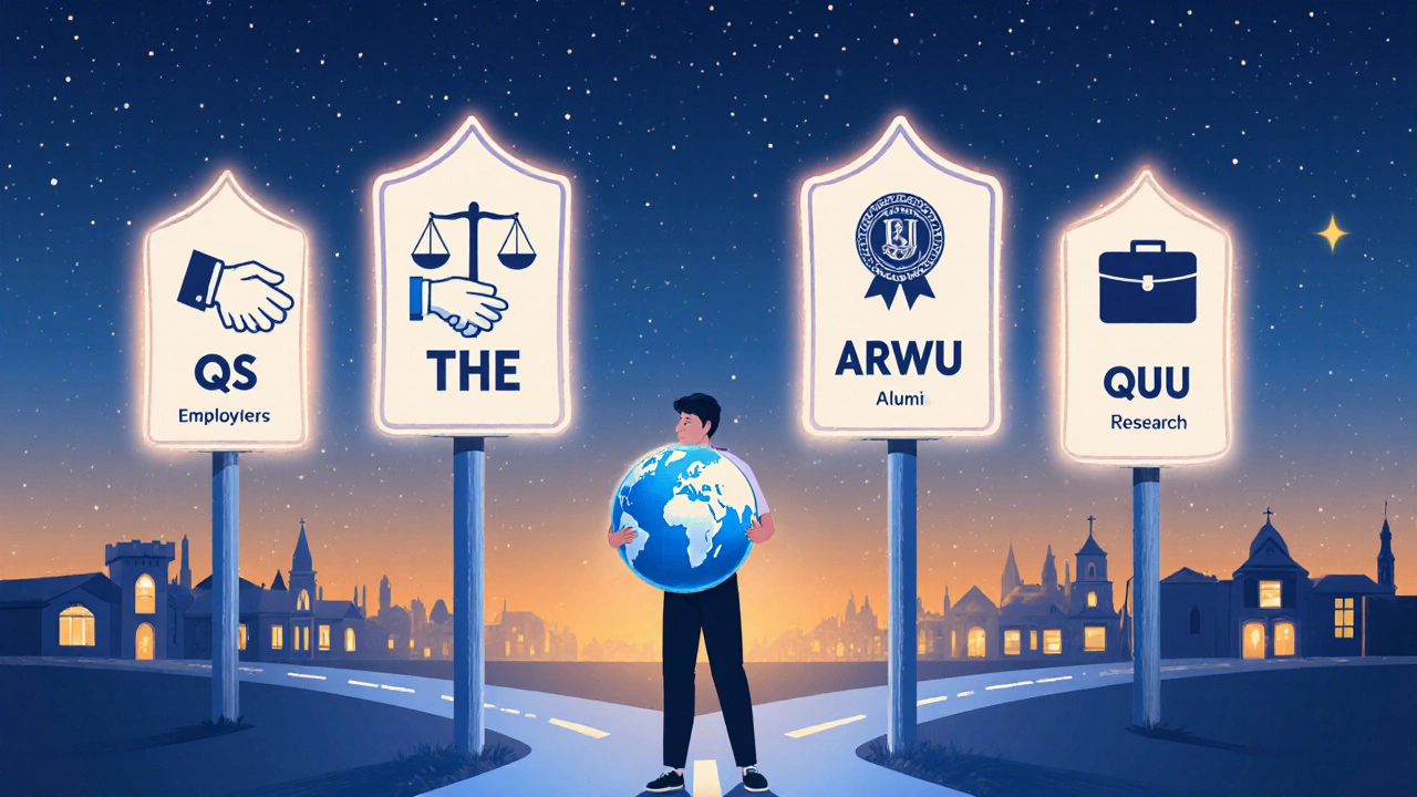 Student at crossroads with signposts for QS, THE, ARWU, and CWUR under a night sky.