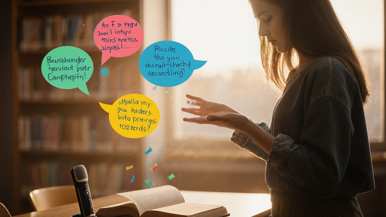 Student covering a book and speaking, with speech bubbles visualizing recalled notes.