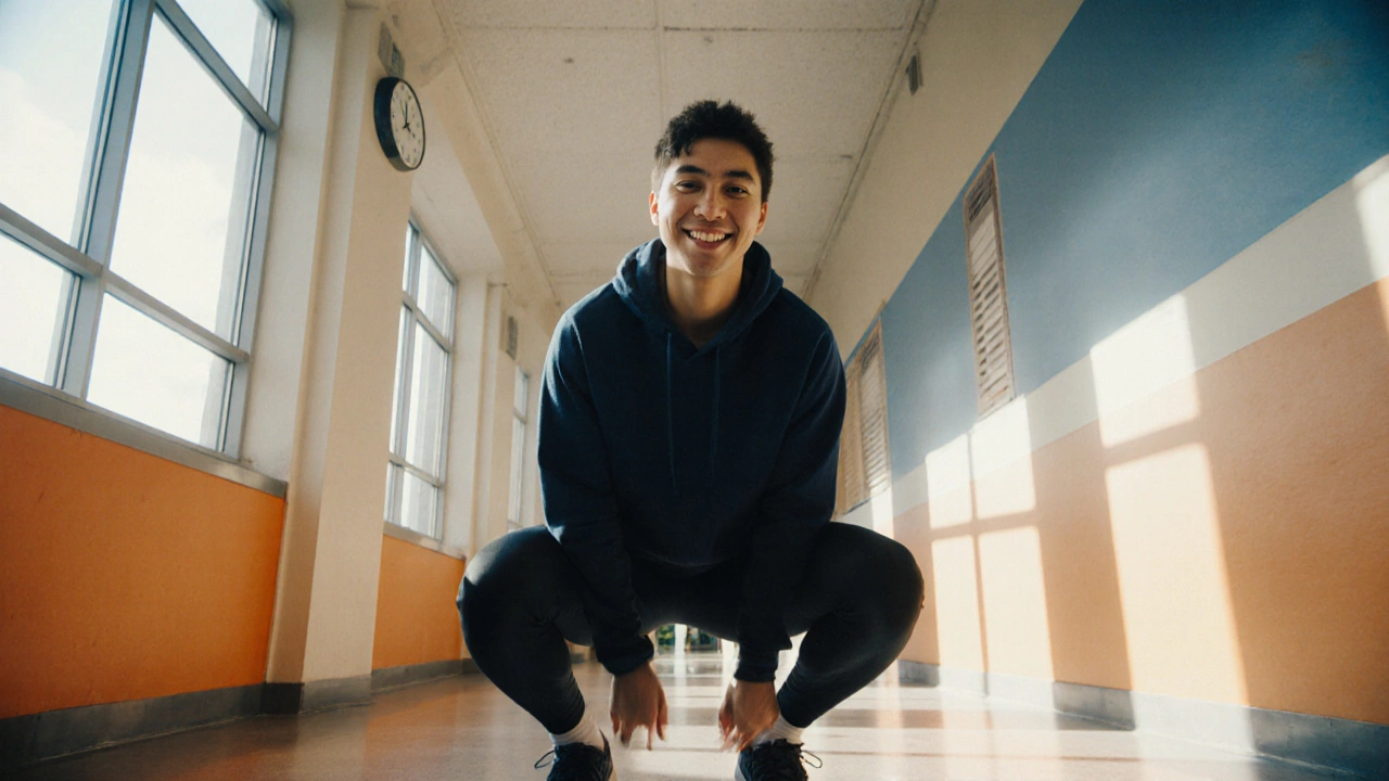 Student doing squats in a sunlit hallway, with a clock in the background indicating time left.