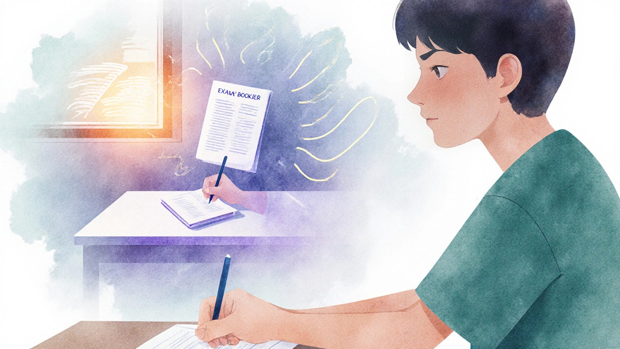 Student meditating at a desk, visualizing a bright exam room with glowing affirmations.