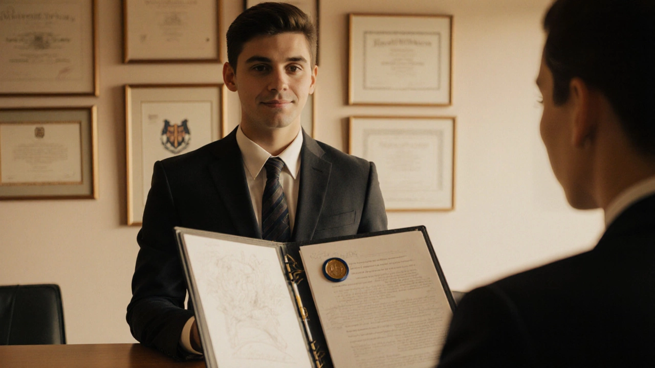 Student presenting a portfolio to a university admissions officer in a warmly lit office.