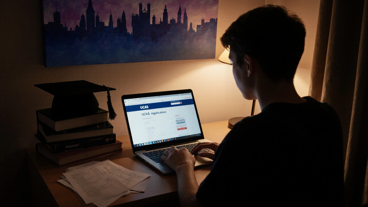 Student working on UCAS application at night, illuminated by a desk lamp surrounded by exam papers.