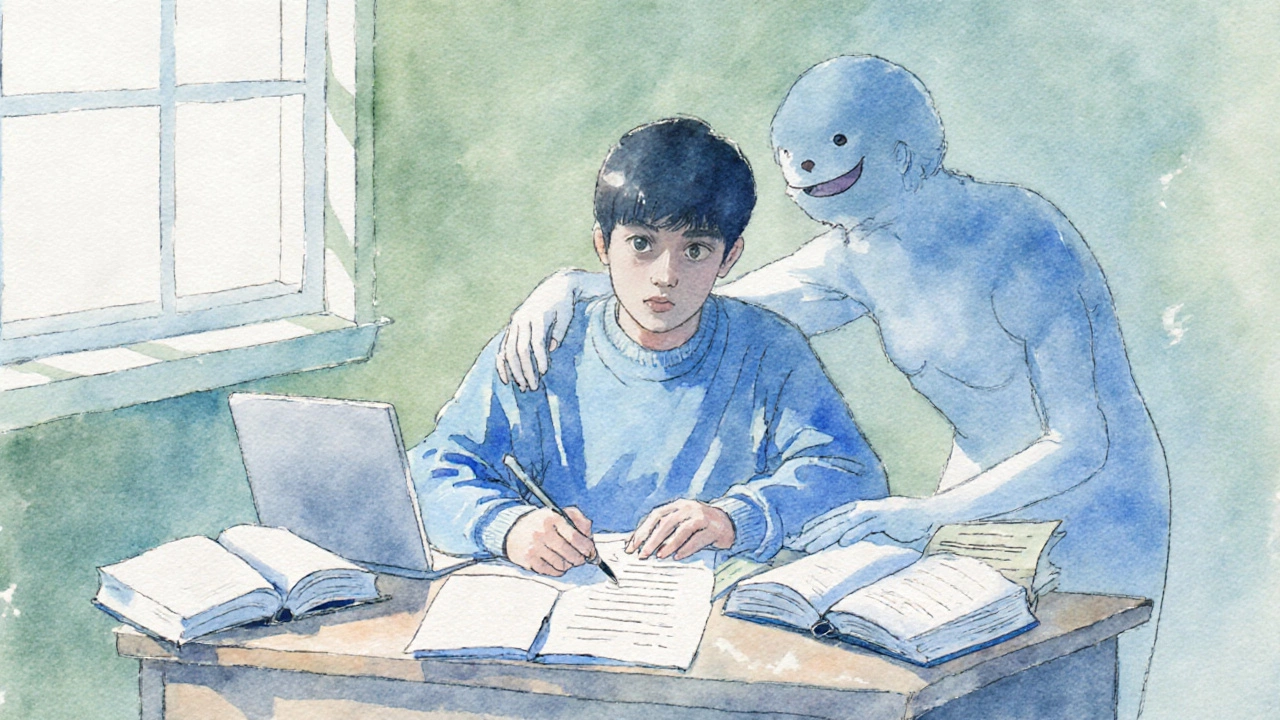 Teenager at desk with tutor leaning over, surrounded by books, watercolor style.
