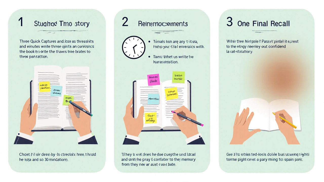 Three-panel illustration showing capture, recall, and final write‑down steps.