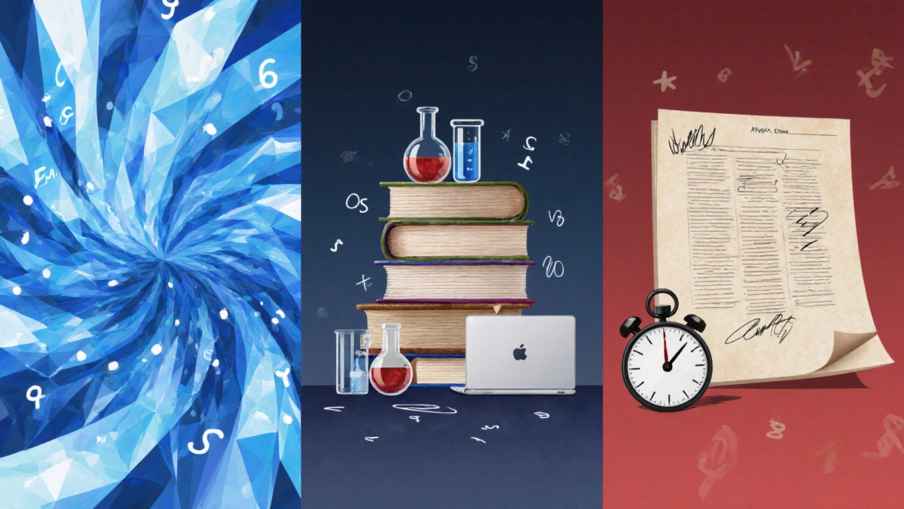 Three symbolic panels depicting conceptual depth, workload, and exam pressure for A‑levels.