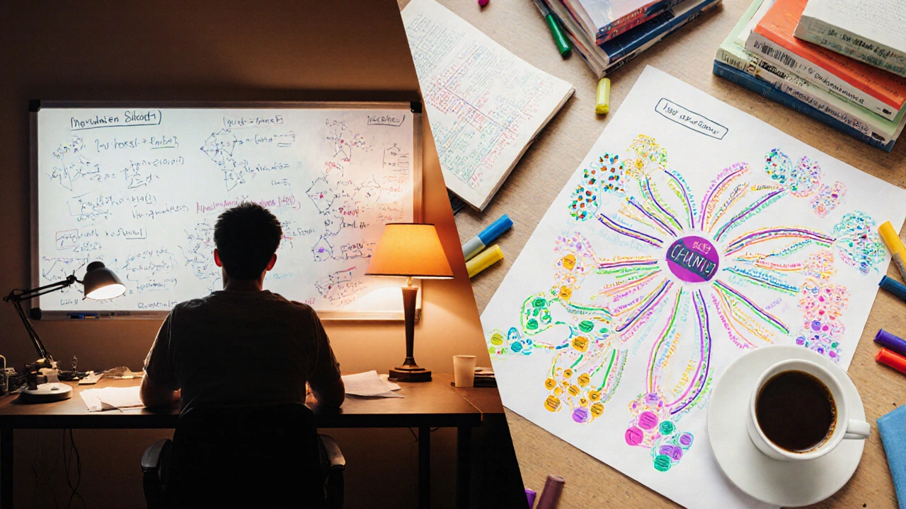 Two students studying: one solving advanced math on a whiteboard, another reviewing colourful chemistry mind maps.