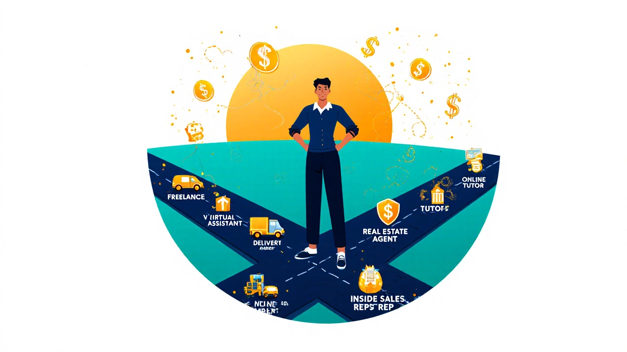 Vector image of a person at a crossroads with paths labeled as easy high‑paying jobs.
