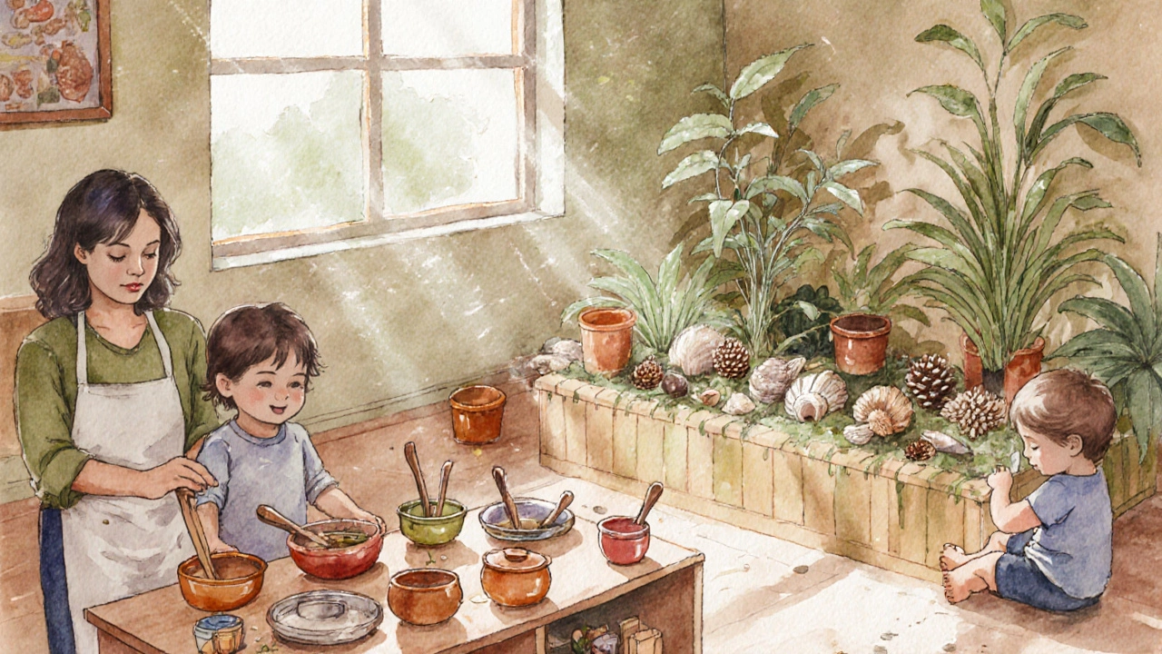 Watercolor of children playing in a pretend kitchen and nature corner while a teacher watches.