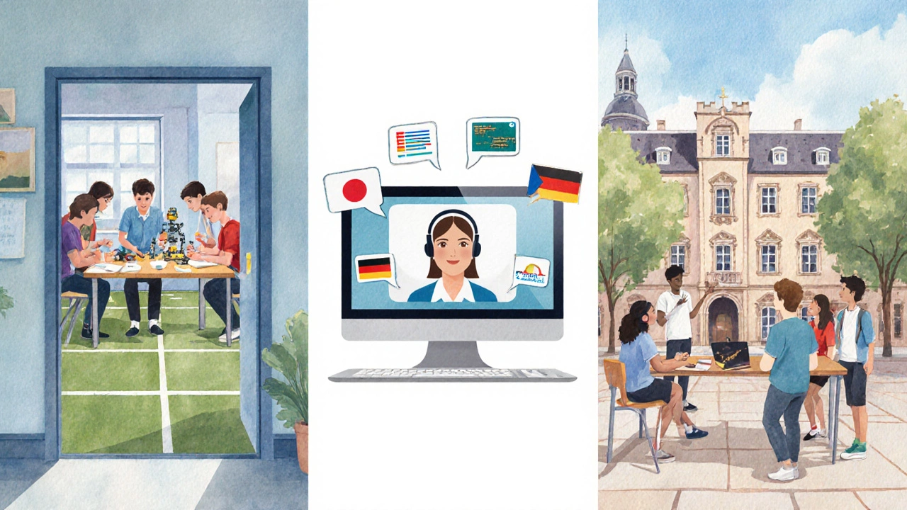 Watercolor panel showing in‑person classroom, virtual lesson, and international campus summer programs.