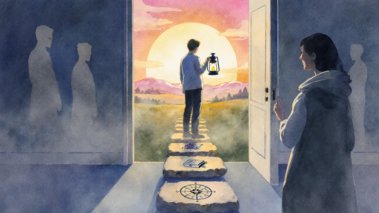 Watercolor scene of a learner moving from darkness to sunrise, symbolizing transformation.