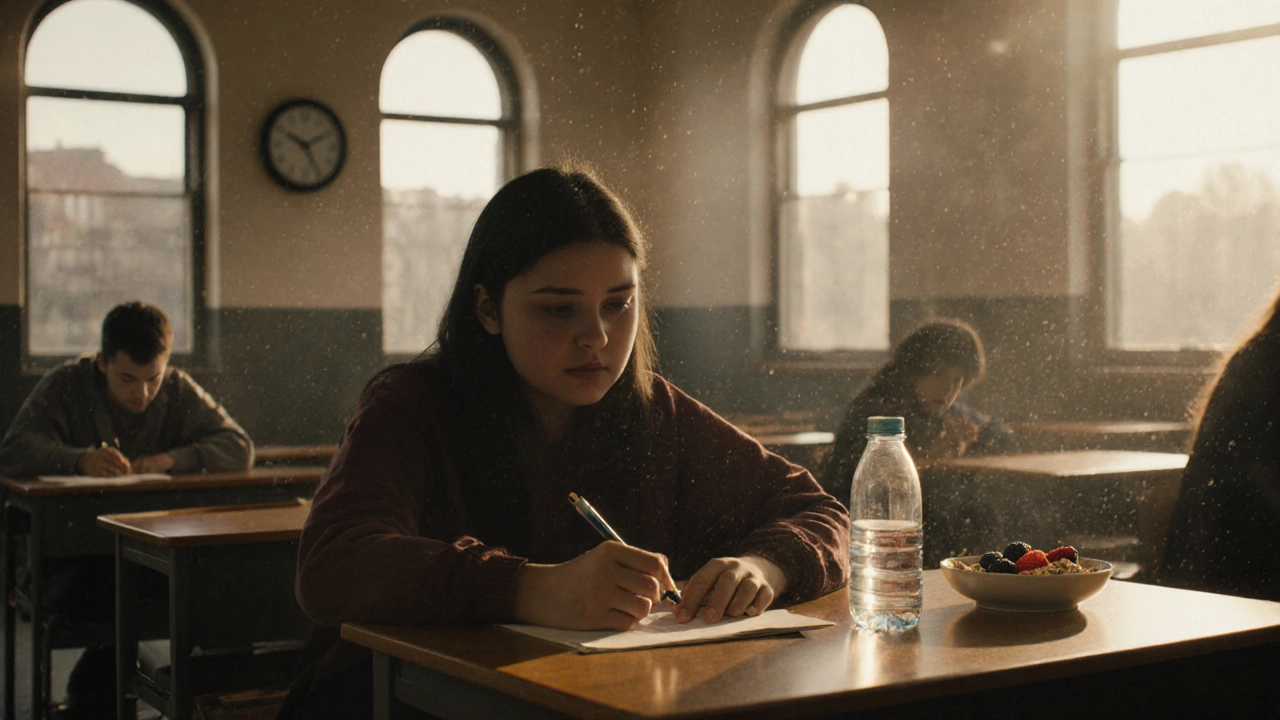 A calm student taking an exam at dawn, focused and prepared.