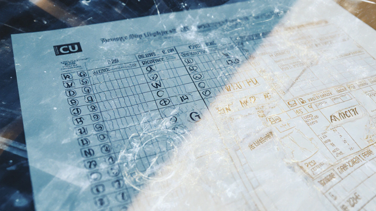 A conceptual blend of GCSE exam paper and US transcript with clock and calendar motifs.