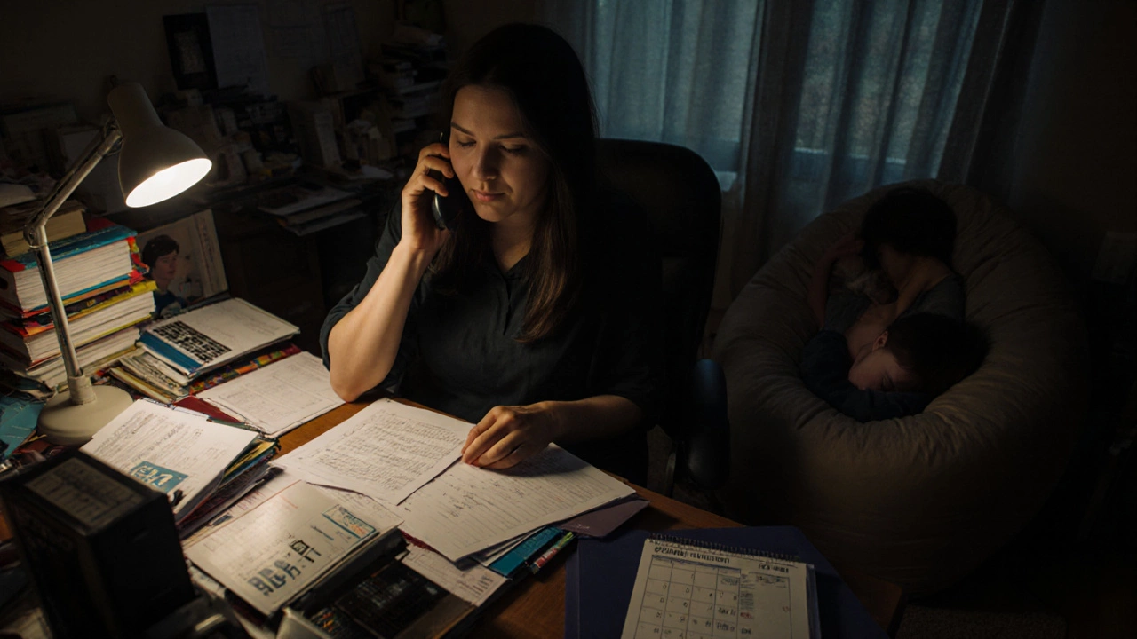 A parent sits among IEP documents and therapy schedules in a dimly lit home office.