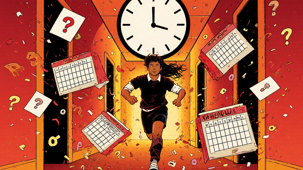 A student rushing through a hallway overwhelmed by AP exam materials and a looming clock.