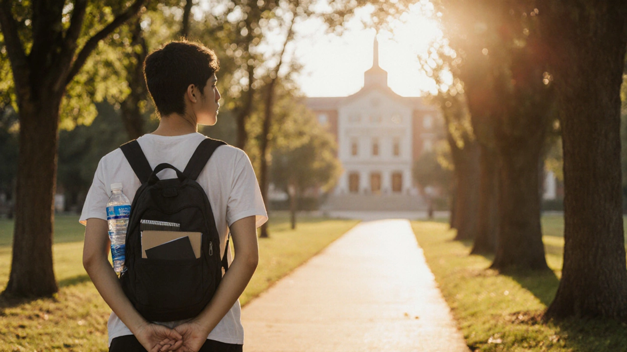 A student walking peacefully at sunset, symbolizing mental clarity through movement.