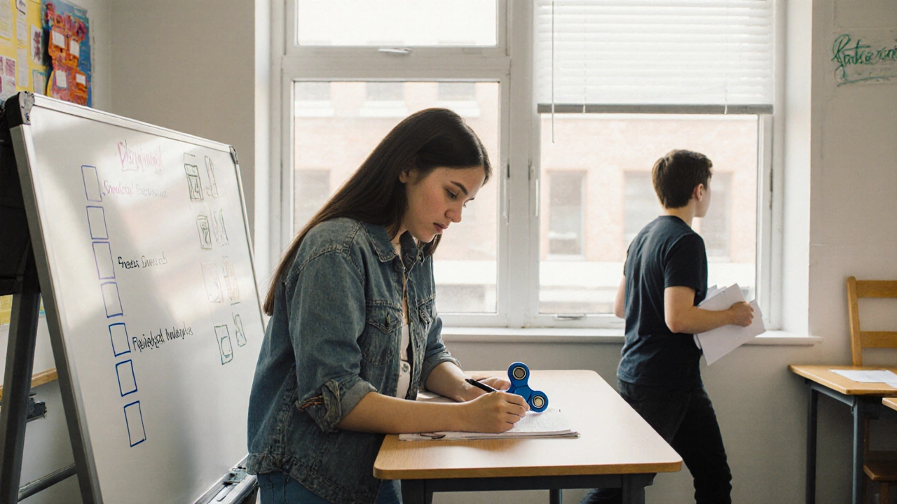 Child with ADHD using a standing desk and checklist while holding a fidget spinner.