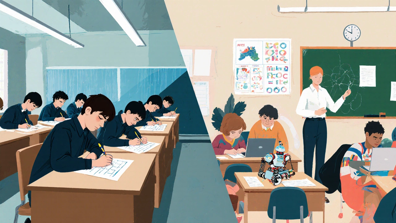 Contrasting UK exam hall and US project-based classroom scenes.