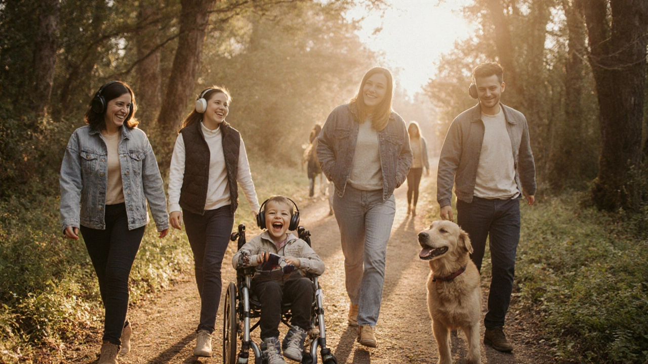 Families walk together on a forest trail, children using assistive devices under golden light.