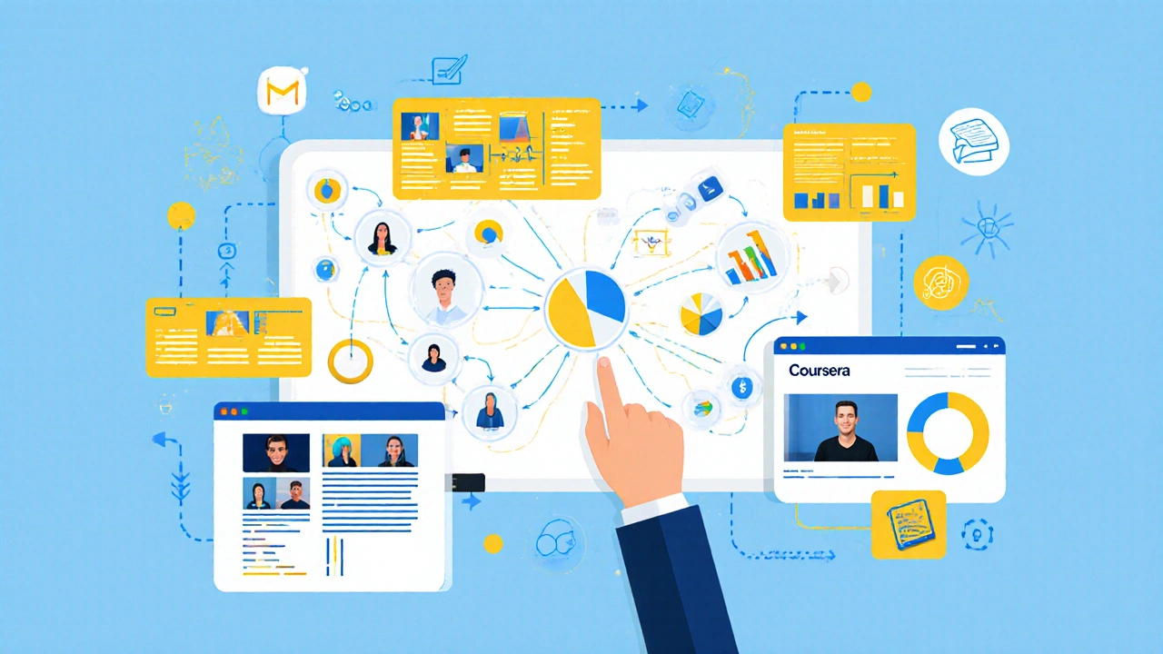 Overhead view of a whiteboard with colorful flowcharts and digital learning panels.