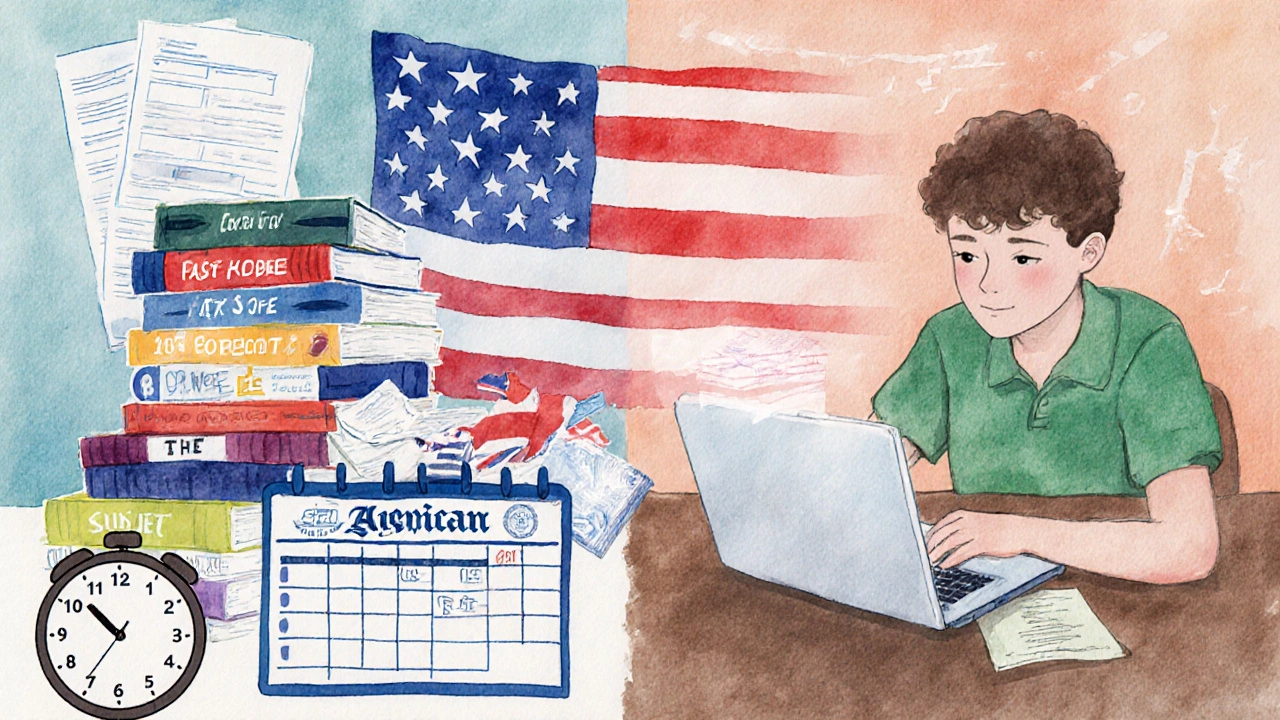 Split-screen comparison: British GCSE revision versus American SAT prep, with UK and US flags blending.