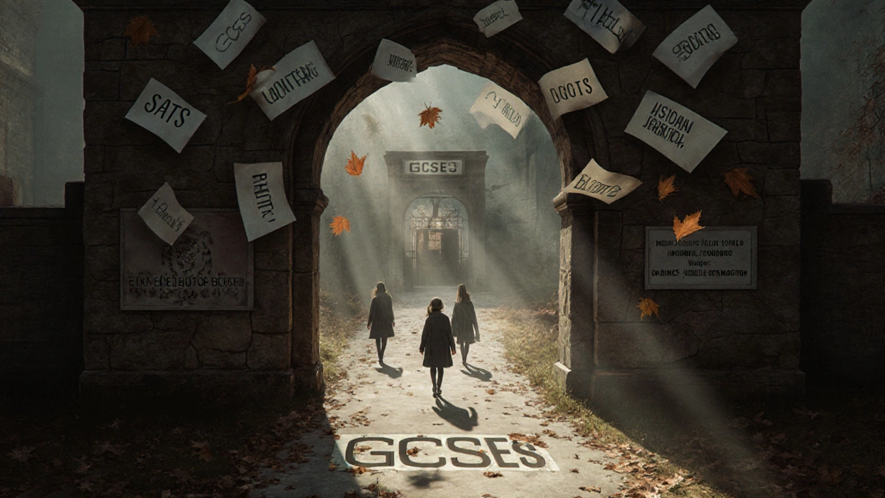 Students walking through a symbolic GCSE archway toward future education paths, exam papers floating above.
