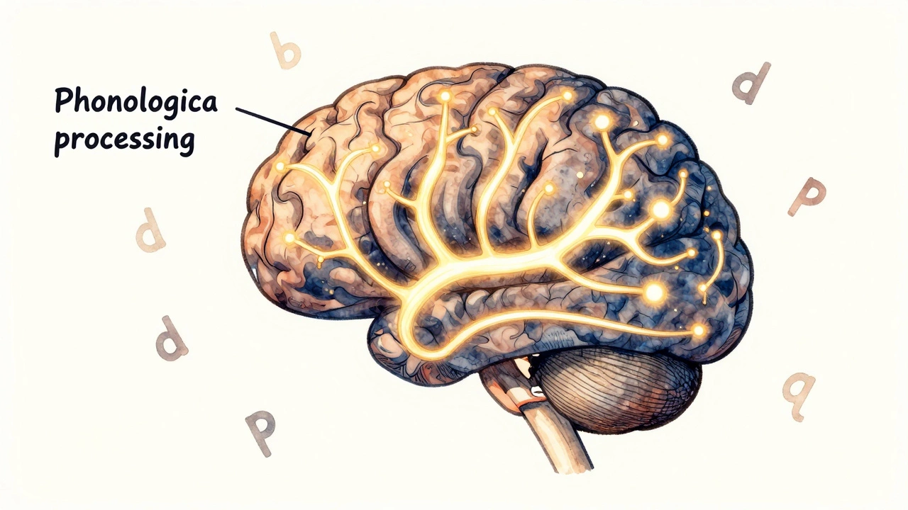 A brain with fragmented neural pathways for language, surrounded by spinning letters.