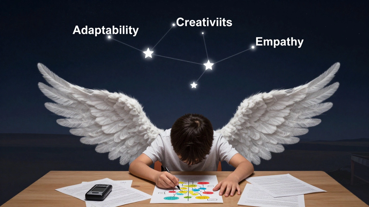 A child reaching for assistive tools as failed tests transform into wings, under a sky of future workforce skills.