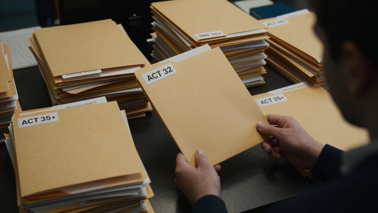 A single low ACT score file is lifted from a pile of higher-scoring applications in a crowded admissions office.