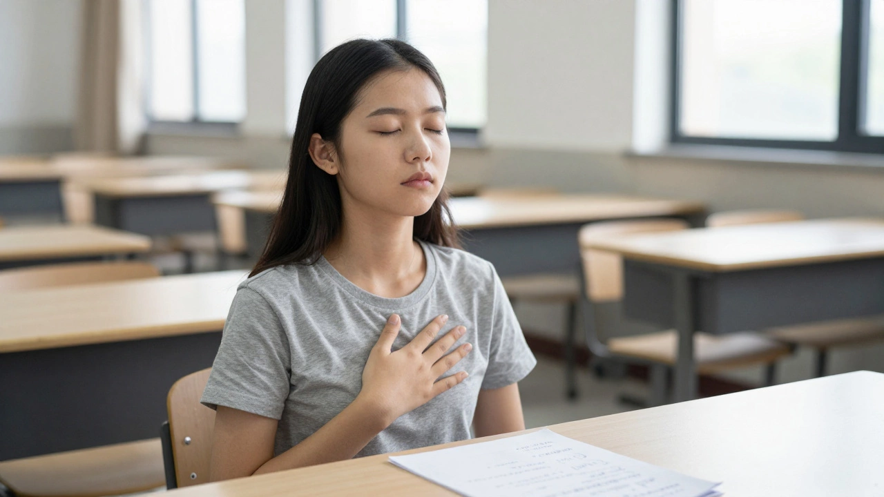 A student calmly breathing during an exam, writing key formulas on their test paper.