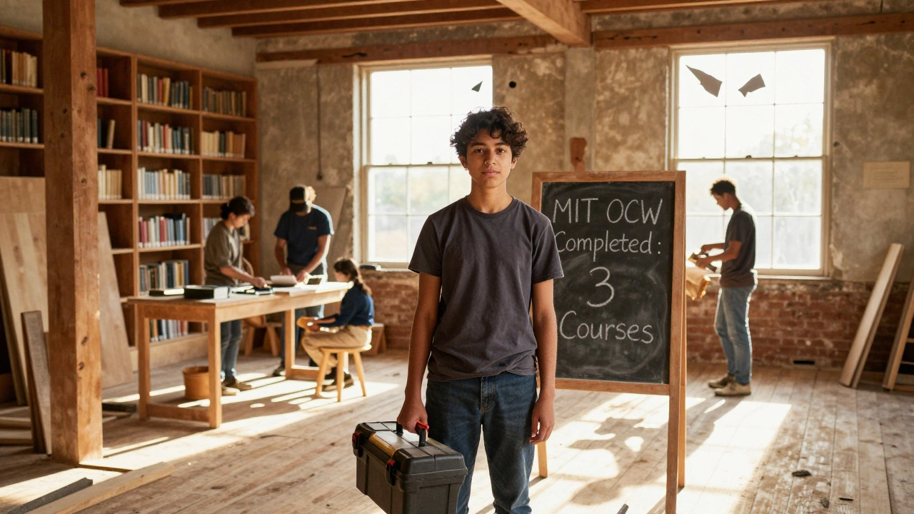 A student leads volunteers rebuilding a flood-damaged library, with a chalkboard showing completed MIT online courses.