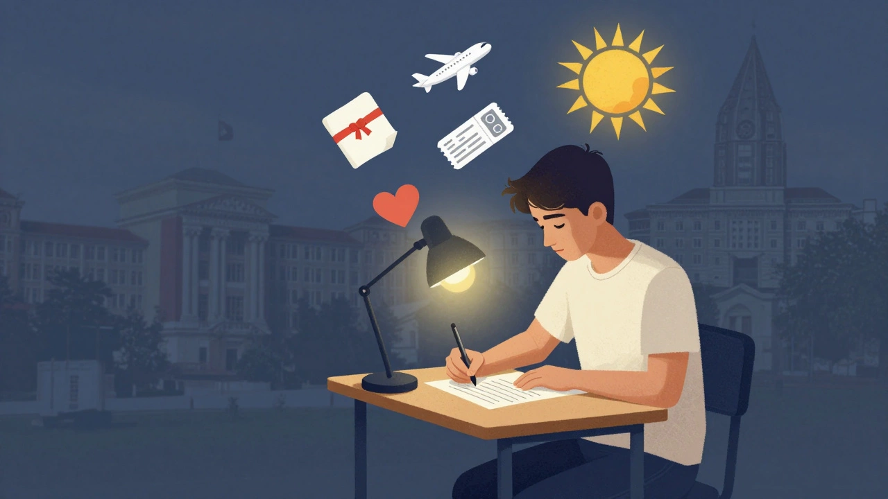 A student writing a personal essay under a lamp, with symbols of education and opportunity floating above.