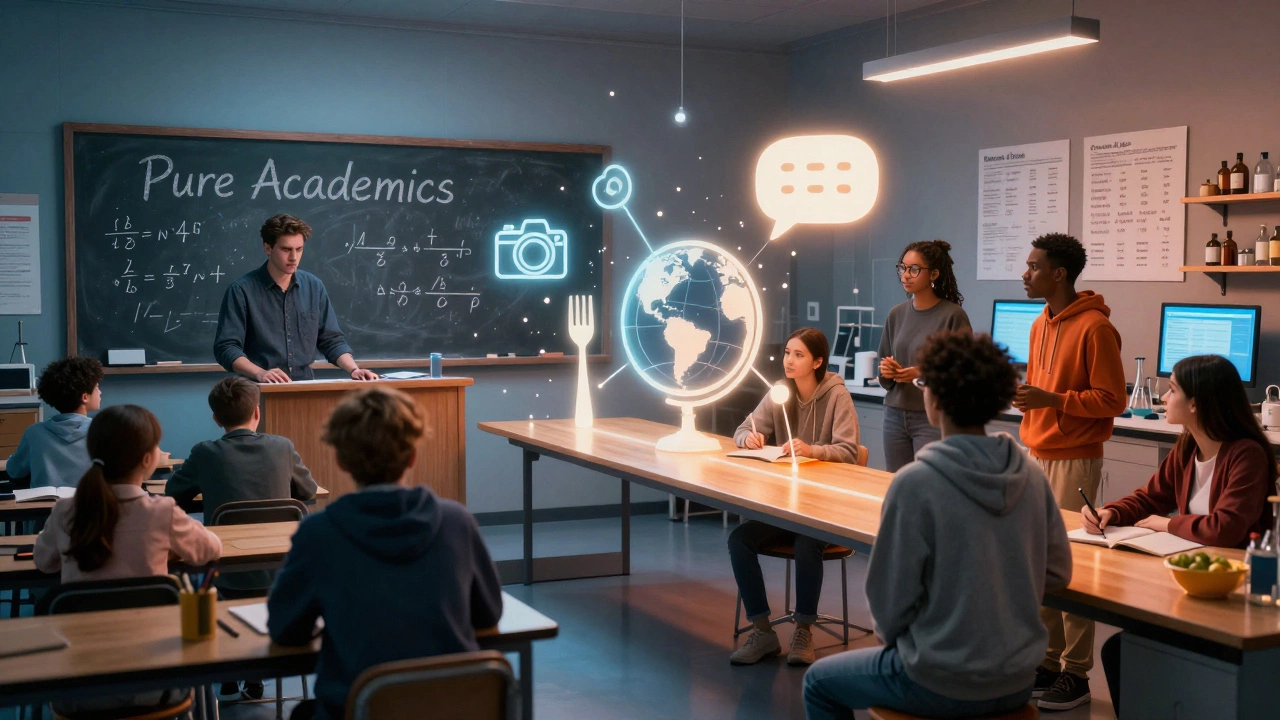 A symbolic split scene: old-fashioned academics on one side, modern interdisciplinary learning on the other, connected by glowing icons.